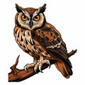 Cute Cartoon Owl Sitting On Branch - Eerie Symbolism And Bold Color Contrast Royalty Free Stock Photo