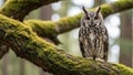 Owl Bubo bubo perches on a thick moss covered branch in a dense Royalty Free Stock Photo