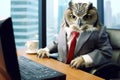 An owl in a business suit is working in the office on a laptop. Corporate humor