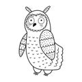 Cute owl character in black and white. Funny outline bird isolated on white background