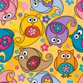 Owl cartoon paisley flower colorful seamless pattern