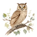 Owl in cartoon style. Cute Little Cartoon Owl isolated on white background. Watercolor drawing, hand-drawn Owl in watercolor. For Royalty Free Stock Photo