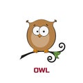 Owl in cartoon style sitting on branch. The image on white background