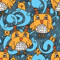 Owl cat mascot fish water blue seamless pattern