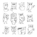 Owl characters. Funny wild night birds with cup of tea or coffee sleeping owls vector doodles