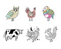 Owl, Chicken, Bird, Cow and Goose animal set. Hand drawn vector illustration. Royalty Free Stock Photo