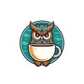 Owl with coffee cup. Green round logo with brown bird and white mug. Cafeteria concept