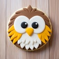 Owl Cookie: Dark Yellow And Light Beige Decorated On Wooden Surface