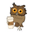 Owl with cup of coffee, funny character isolated on white, Inspirational morning poster for cafe menu Royalty Free Stock Photo