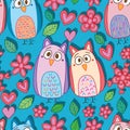 Owl cute pair flower love leaf seamless pattern Royalty Free Stock Photo