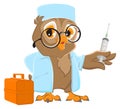 Owl doctor holding syringe. Owl veterinarian in white coat Royalty Free Stock Photo