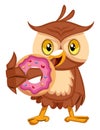 Owl eating donut, illustration, vector Royalty Free Stock Photo