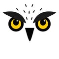 Owl face icon. Bird with big yellow eyes, beak nose, brows, fur. Cute eagle owl. Kawaii cartoon funny character. Forest birds Royalty Free Stock Photo