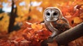 Tyto alba, the barn owl, nestled amidst the vibrant fallen maple and oak leaves. Gorgeous owl among the fall