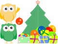 Owl family with christmas tree, balls, balloons Royalty Free Stock Photo