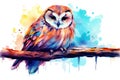 Owl feather bird watercolor art drawing cute animal illustration nature Royalty Free Stock Photo