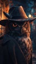 Owl in a fedora, ancient ruins at night, direct view, the wise adviser , super detailed