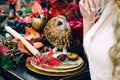 Owl on the festive wedding table with red autumn leaves. Wedding decoration. Artwork Royalty Free Stock Photo