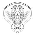 Owl figure tatoo, calligraphic line drawing, symmetric owl bird, black and white design, wisdom symbol Royalty Free Stock Photo