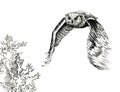 The owl flies through the forest, flapping its wings. Graphic black and white drawing with an eagle owl.