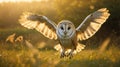 Owl flight. Hunting Barn Owl, wild bird in morning nice light. Beautiful animal in the nature habitat. Owl landing in the grass