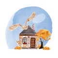 Owl flight over stone house, fox, collage autumn watercolor illustration