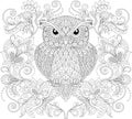 Owl and floral ornament. Adult antistress coloring page