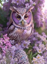 Owl In The Lavender Garden, animal illustration, Background, poster or postcard. AI Generated
