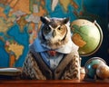 Owl is geography teacher. An elderly owl professor stands against background of geographical map