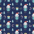 Owl with gifts and Christmas trees and other decorative elements on a dark blue background. Christmas and new year print. Vector