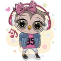 Owl girl with pink headphones on a white background