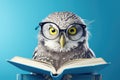 Owl in glasses with book on blue background. Owl reading, wisdom, reading develope concepte