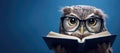 Owl in glasses with book on blue background. Owl reading, wisdom, reading develope concepte