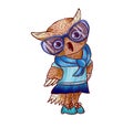 Owl in glasses and dress. Digital art in blue colors