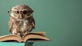 an owl in glasses sitting with a book, green background with copy space Royalty Free Stock Photo