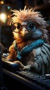 An owl with glasses sitting on a keyboard. Generative AI image. Royalty Free Stock Photo