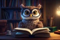 An owl with glasses is sitting in the library with a book