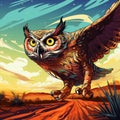 Vibrant Owl Flying Painting In Desertwave Style