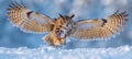 An owl gracefully soars over a snowy field, spreading its wings elegantly through the air Royalty Free Stock Photo