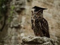 An owl in a graduation cap perched on the ancient stones of Oxford wisdom in its eyes Royalty Free Stock Photo