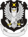 The owl is gray on a black coat of arms with a ribbon under it