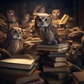 Owl group sitting on book piles. Royalty Free Stock Photo