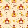 Owl hand drawn seamless pattern Autumn background Red yellow colors Floral elements Royalty Free Stock Photo