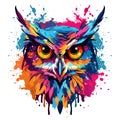 Owl head vibrant painting with colorful brush splashes, vector illustration isolated on white