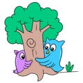 An owl and his friend were playing hide and seek under a big tree, doodle icon image kawaii
