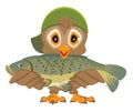 Owl holding fish. Fisherman with catch