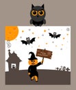 Owl is holding postcard.Pumpkin,bat,moon and inscription happy Halloween. Modern flat design.