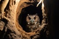 owl hooting from a hollow in a tree at night Royalty Free Stock Photo
