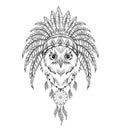 Owl in the Indian roach. Indian feather headdress of eagle. Hand draw vector illustration