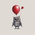Quirky Realism: Owl Holding Red Balloon - Uhd Illustration